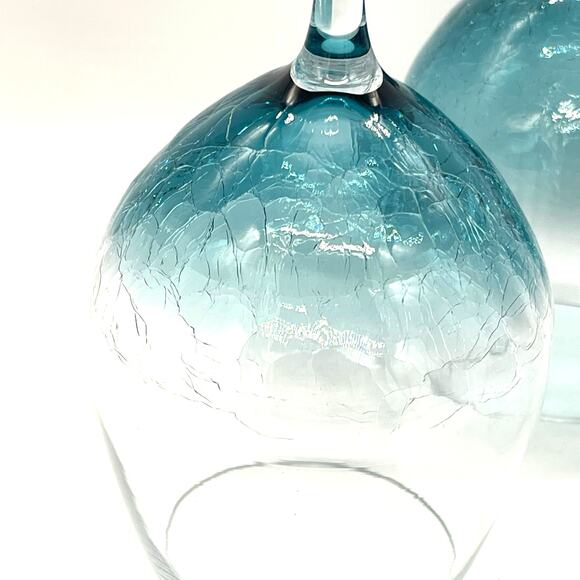 Pier 1 Imports Teal Blue Set of 3 Crackle Design Wine Glasses 8.5" Tall